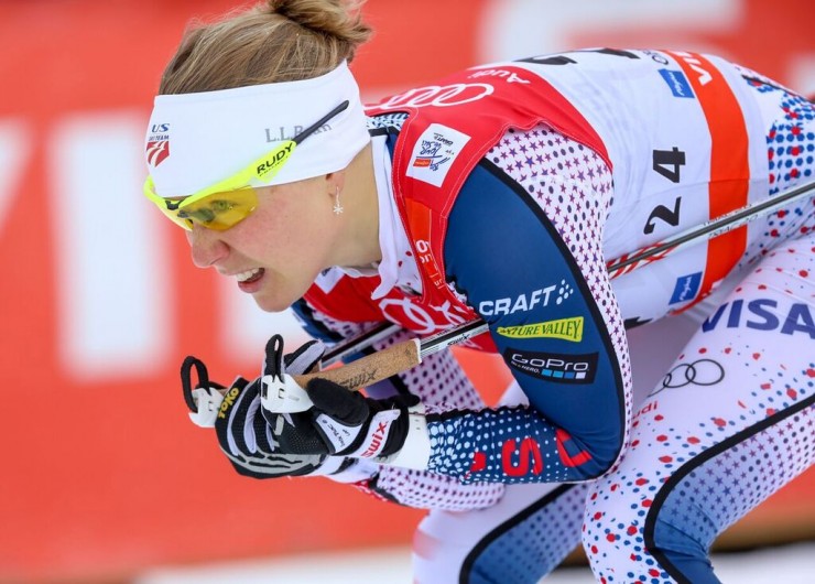 Ida Sargent ( U.S. Ski Team) racing to third in her quarterfinal for 15th overall at the 1.2 k classic sprint at Stage 4 of the Tour de Ski in Oberstdorf, Germany. (Photo: Marcel Hilger)