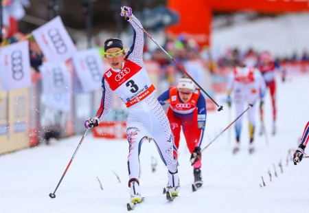 Sophie Caldwell (U.S. Ski Team)  lunges to edge Norway's Heidi Weng (not shown) for the win in the 1.2 k classic sprint final at Stage 4 of the Tour de Ski in Oberstdorf, Germany. (Photo: Marcel Hilger)