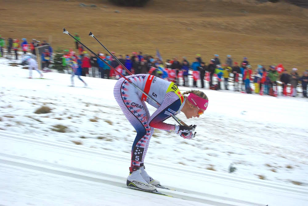 Sadie Bjornsen skiing to 13th in the 15 k classic, Stage 2 of the Tour de Ski