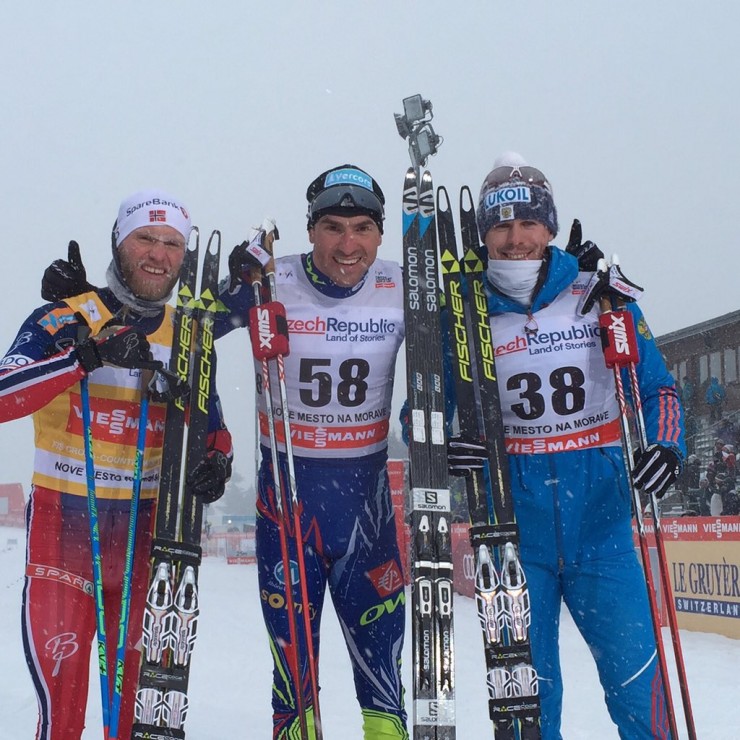 France's Maurice Manificat (c) after his first win of the season at the 15 k freestyle in Nove Mesto, Czech Republic, with runner-up Martin Johnsrud Sundby (l) of Norway and Russia's Sergey Ustiugov in third. (Photo: FIS Cross Country/Twitter)