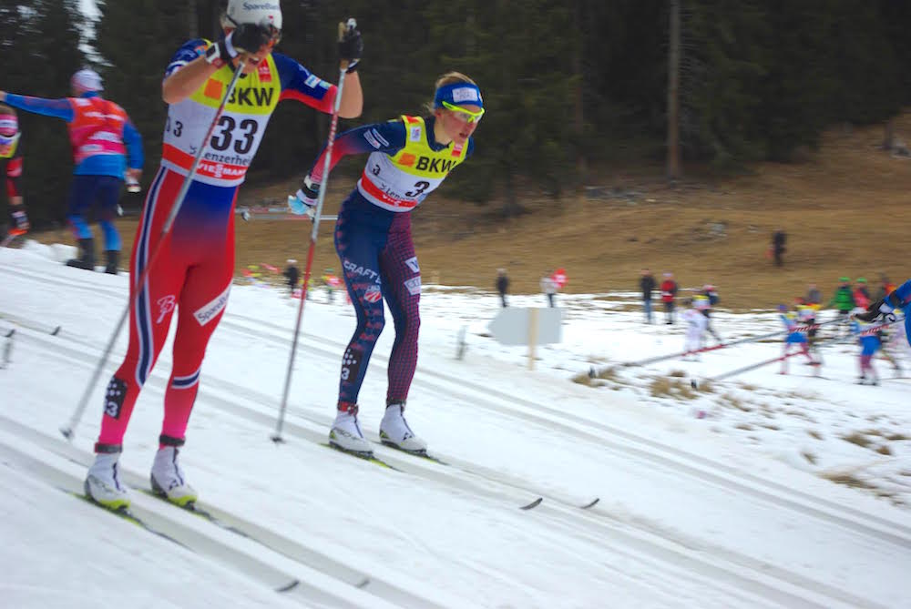 Sophie Caldwell skiing with Norway's Kari Oeyre Slind in the 30 k mass start; Caldwell finished 34th and had hoped she'd be in the points, if not for a broken pole.