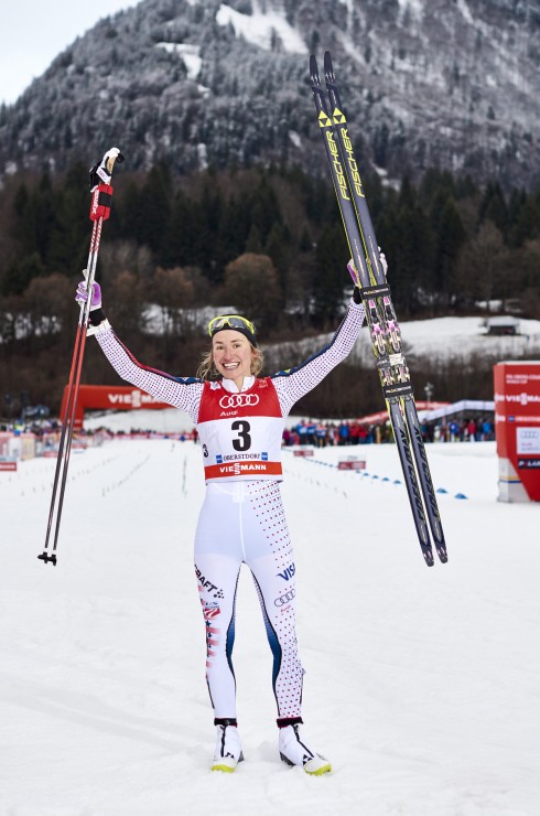 Sophie Caldwell soaks up her first World Cup win on Tuesday at the Tour de Ski Stage 4 classic sprint in Oberstdorf, Germany. (Photo: Fischer/NordicFocus)