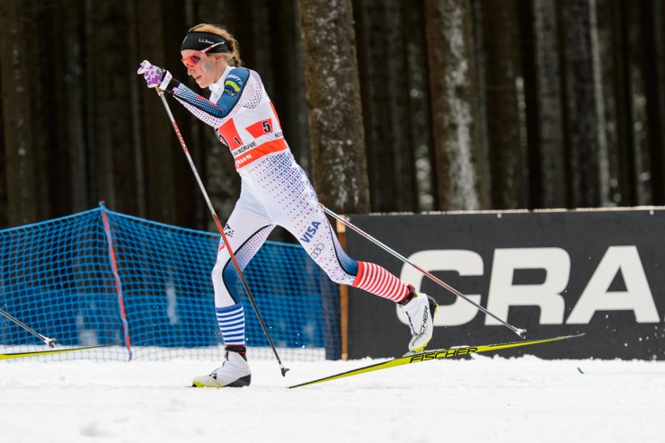 Sophie Caldwell opened for the U.S. women's relay team on Sunday at the World Cup in Nove Mesto, Czech Republic, tagging them in third, immediately behind Finland (not shown) in second place en route to the U.S. women's team's best-ever result of second place. (Photo: Fischer/NordicFocus)