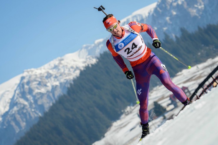 Sean Doherty (US Biathlon) racing to second in the men's 10 k sprint at IBU Junior World Championships in Cheile Gradistei, Romania. It was his ninth career medal in his sixth youth/junior worlds, making him the most decorated junior biathlete at that level of all time. (Photo: IBU YJWCH Cheile Gradistei 2016/Facebook)
