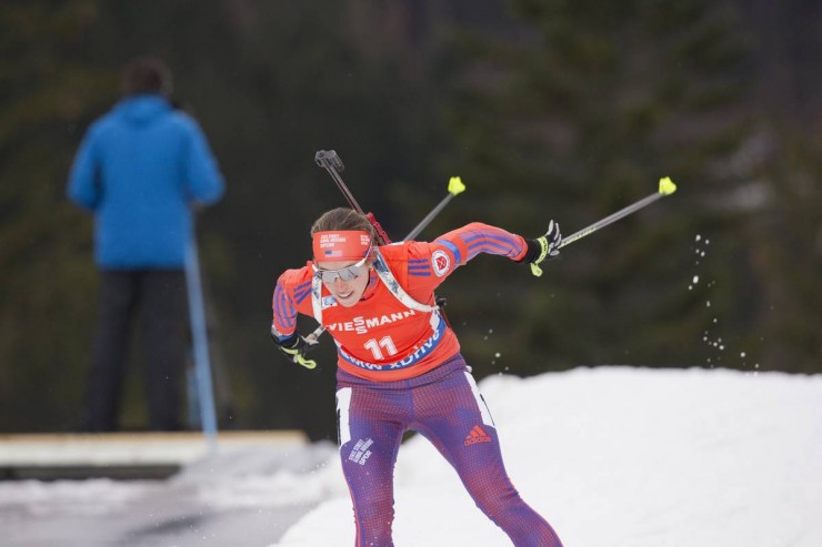Susan Dunklee (US Biathlon) racing to 15th in the IBU World Cup women's 10 k pursuit on Saturday in Ruhpolding, Germany. (Photo: USBA/NordicFocus)