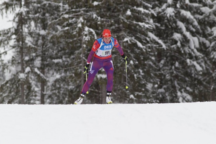 Susan Dunklee (US Biathlon) skied the second leg for the U.S. women's relay on Sunday, picking off three places to bring them from 21st for 18th. They ultimately placed 16th. (Photo: USBA/NordicFocus)