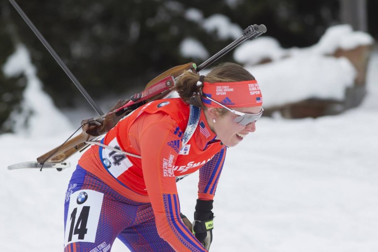 Susan Dunklee (US Biathlon) used a total of four spares between two stages in the women's 4 x 6 IBU World Cup relay, handing off in 14th. (Photo: USBA/NordicFocus)
