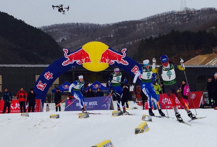 Right to left: Qu Ling (CHN), Mimmi Bjørn (SWE), Lauren Fritz (USA), and  Linda Danvind-Malm (SWE) during Stage 1 of the women's 1.2 freestyle sprint on Friday, Jan. 1 at the China Tour de Ski in Yanji. Fritz placed fourth overall, Brooks (not shown) missed the final in fifth place. (Photo: Courtesy photo from Brooks) 