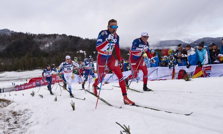 Emil Iversen (20) skis with  fellow Norwegian Niklas Dyrhaug during the quarterfinal of the men's 1.2 k classic sprint at Stage 4 of the Tour de Ski in Oberstdorf, Germany. (Photo: Fischer/NordicFocus)