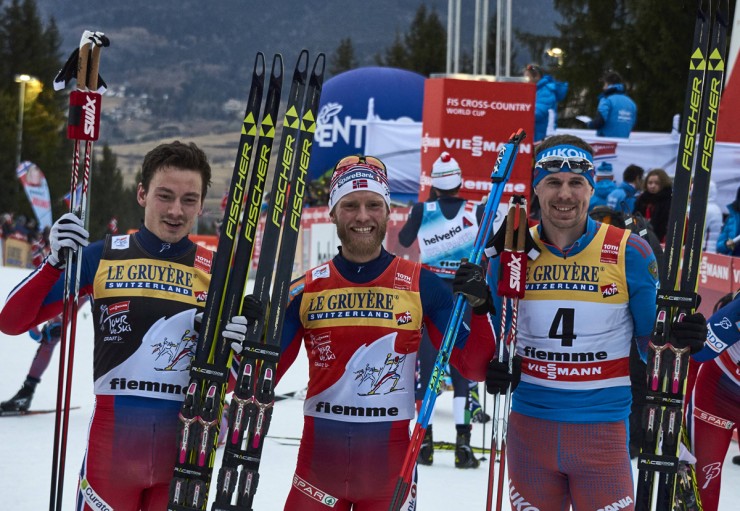 The overall 2016 Tour de Ski podium with winner Martin Johnsrud Sundby (c) and runner-up Finn Hågen Krogh, both of Norway, and Russia's Sergey Ustiugov (r) in third. (Photo: Fischer/NordicFocus)