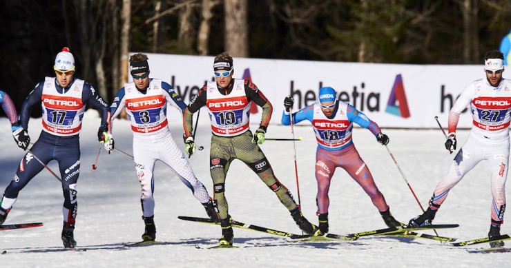 (From left to right) Italy's Federico Pellegrino, American Simi Hamilton, Germany's Sebastian Eisenlauer, Russia's Alexey Petukhov, and Dusan Kozisek of the Czech Republic during the men's freestyle team sprint final at the World Cup in Planica, Slovenia. (Photo: Fischer/NordicFocus)