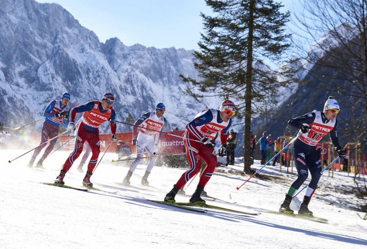 (From right to left) Italy's Dietmar Nöckler leads Norway II's Ola Vigen Hattestad, American Andy Newell, and Norway I's Anders Gløersen and a Russian in the men's freestyle team sprint final at the World Cup in Planica, Slovenia. (Photo: Fischer/NordicFocus)