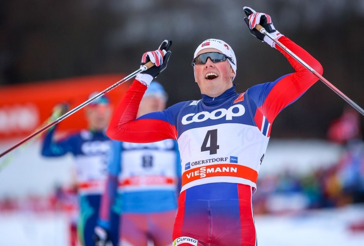 Emil Iversen of Norway celebrates his first World Cup win in the 1.2 k classic sprint at Stage 4 of the Tour de Ski in Oberstdorf, Germany. (Photo: Marcel Hilger)