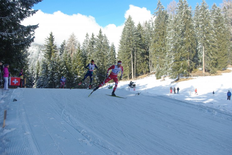 Alex Harvey leads Kazakhstan's Alexey Poltoranin during the 10 k freestyle pursuit in Lenzerheide, Switzerland, Stage 3 of the Tour de Ski. Harvey started seventh and finished ninth.