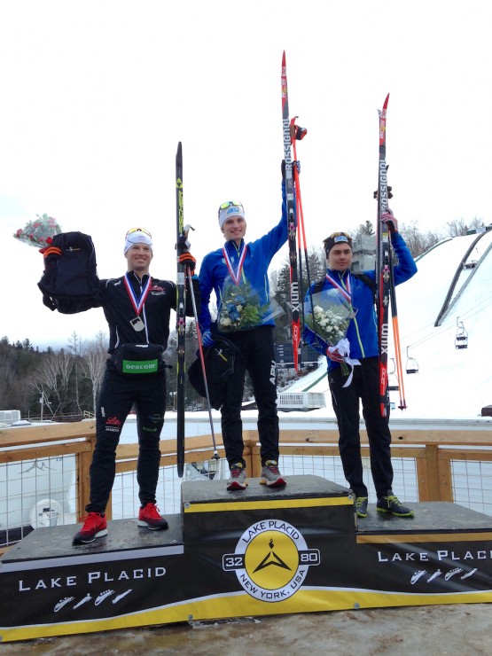 The men's 10 k classic podium at the Lake Placid SuperTour on Sunday, with David Norris (APU) on top for the second-straight day, Kris Freeman (l) in second followed by Lex Treinen (r). (Photo: Heidi and Bob Underwood)