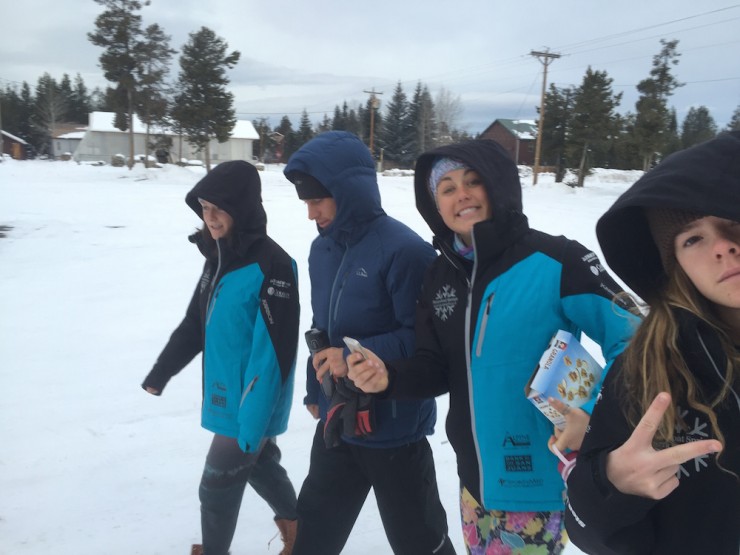 Steamboat Springs Winter Sports Club nordic coach Josh Smullin (second from l) rocking the L.L. Bean Wind Challenger jacket on a cold walk back from breakfast at training camp with some SSWSC rock stars.