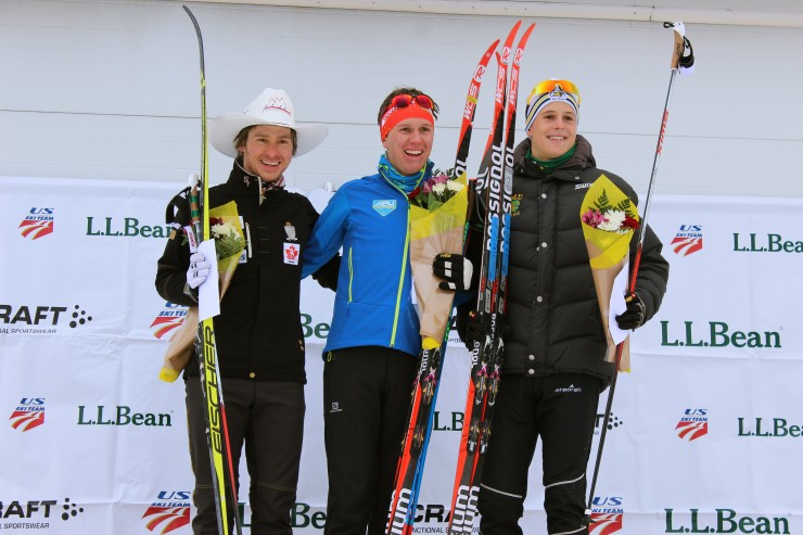 The men's 15 k classic podium on the first day of 2016 U.S. nationals in Houghton, Mich., with winner Scott Patterson (c) of APU, Canadian Kevin Sandau (l) of the AWCA in second, andAdam Martin (r) of NMU in third. 