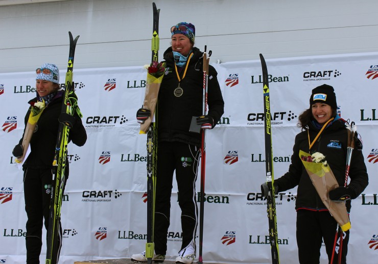 From left to right: runner-up Kaitlyn Miller (CGRP), winner Caitlin Patterson (CGRP), and Chelsea Holmes (APU) in third on the podium in the U.S. nationals women's 10 k classic individual start on Sunday in Houghton, Michigan.