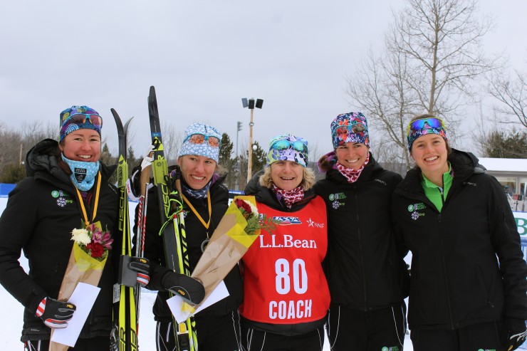The Craftsbury Green Racing Project women's team: (from l to r) Caitlin Patterson, Kaitlynn Miller, coach Pepa Miloucheva, Liz Guiney, and Heather Mooney after the women's 15 k classic individual start on Sunday at U.S. nationals  in Houghton, Mich.  Patterson and Miller placed first and second, respectively, on Sunday in the women's 10 k classic on Day 1 of U.S. nationals. 