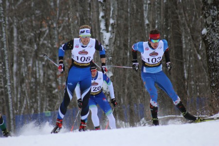Canadian Julien Locke (l) (Team Black Jack) challenges Eric Packer (APU) at around 400-meters to the finish of the semi-final for the men’s 1.5 k freestyle sprint on Monday at U.S. nationals in Houghton Mich. Locke went on to finish third overall (+2.89). Canadian Evan Palmer-Charrette (Bib No. 128) also advanced to the final and finished sixth overall (+12.93). 