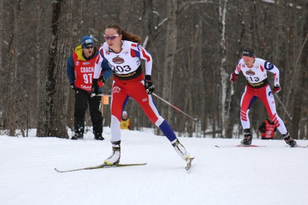 Stratton Mountain School skier Katharine Ogden and teammate Anne Hart head towards the finish of the women's 20 k freestyle mass start on Thursday at U.S. nationals in Houghton, Mich. Ogden placed third overall (+7.8) Hart fourth (+16.5). 