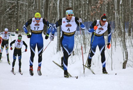APU teammates and brothers Logan Hanneman (7) and Reese Hanneman (4) lead teammate Tyler Kornfield (17), Welly Ramsey (Mountain Endurance Sports) and Fredrik Schwencke of Northern Michigan University (far left) during their quarterfinal of the men's 1.5 k classic sprint on Saturday at U.S. nationals in Houghton, Mich. 