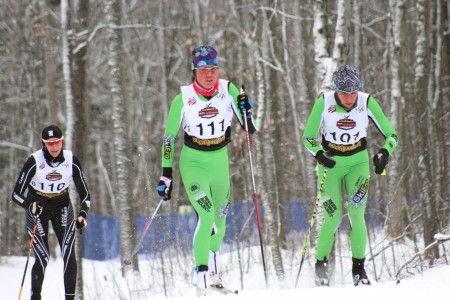 Craftsbury teammates Kaitlynn Miller (r) and Caitlin Patterson (111) lead CXC's Natalia Naryshkina in their classic-sprint quarterfinal on Saturday at U.S. nationals in Houghton, MIch. Miller edged Patterson by 0.17 seconds to win the heat and went on to win the final for her first national title.