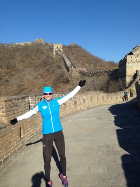 Lauren Fritz (APU) poses for a moment during a run along the Great Wall of China during the 2016 China Tour de Ski. (Courtesy photo)
