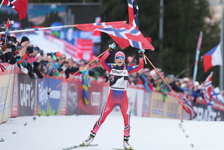 Norway's Therese Johaug approaches the finish of the 9 k final climb at the last stage of the 2016 Tour de Ski with enough time to grab a Norwegian flag and celebrate her win. It was Johaug's second overall Tour de Ski victory since last winning in 2014. (Photo: Fiemme World Cup)