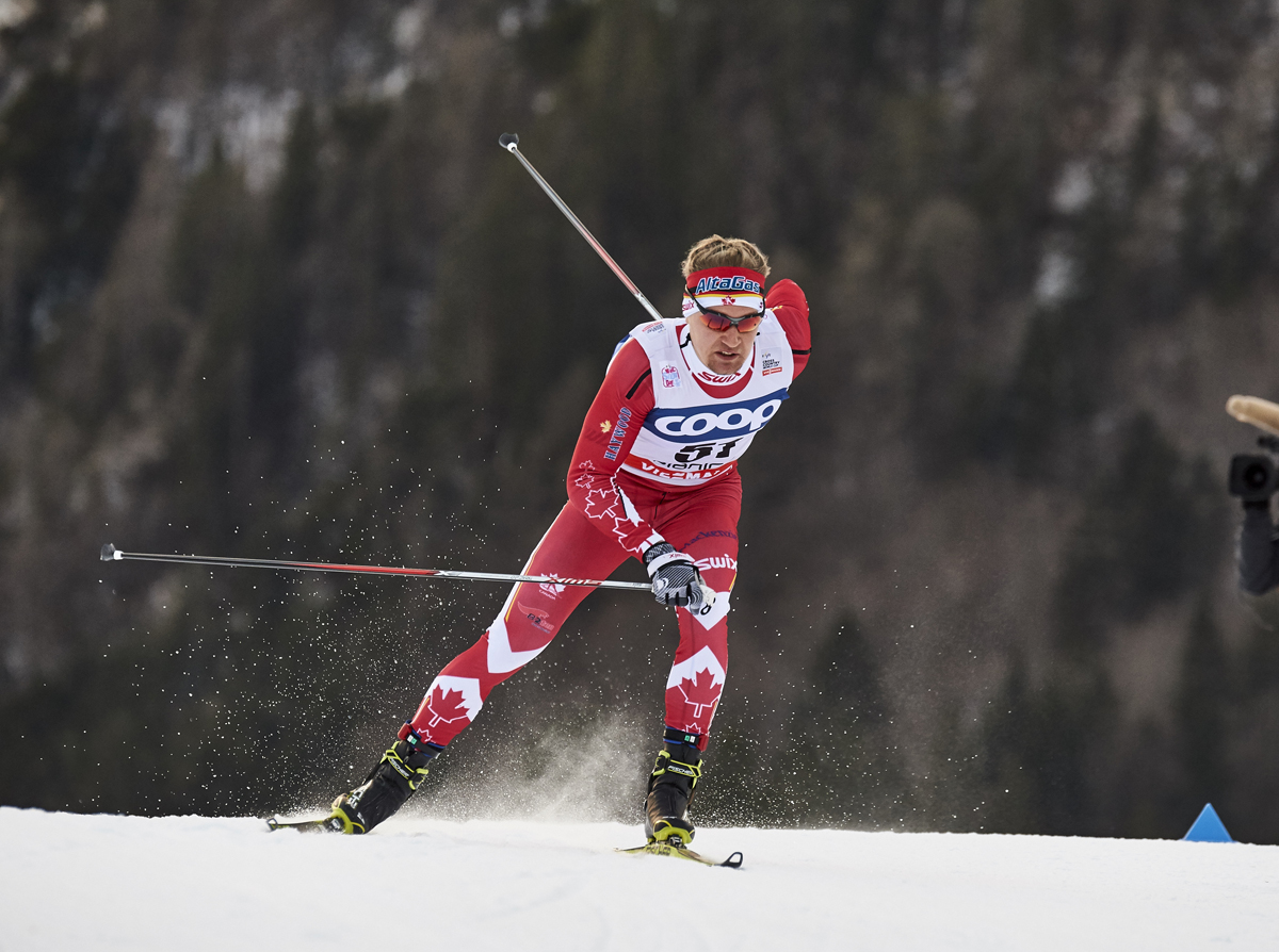 Knute Johnsgaard (Canadian U23+ Development Team) racing to 54th in his first international World Cup, the 1.2 k freestyle sprint in Planica, Slovenia, in January. (Photo: Fischer/NordicFocus)