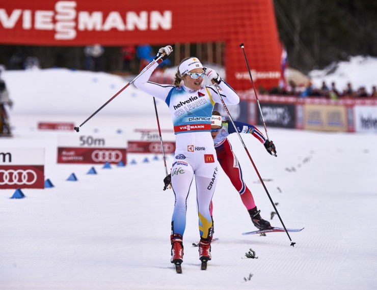 Sweden's Stina Nilsson celebrates her second-career World Cup victory on Saturday at the 1.2 k freestyle sprint in Planica, Slovenia. She beat three Norwegians -- Astrid Uhrenholdt Jacobsen, Heidi Weng and Ingvild Flugstad Østberg, respectively -- to do so. (Photo: Fischer/NordicFocus) 