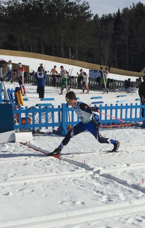 David Norris (APU) giving his all across the line to win the 10 k classic individual start at the Lake Placid SuperTour on Sunday. (Photo: Heidi and Bob Underwood)