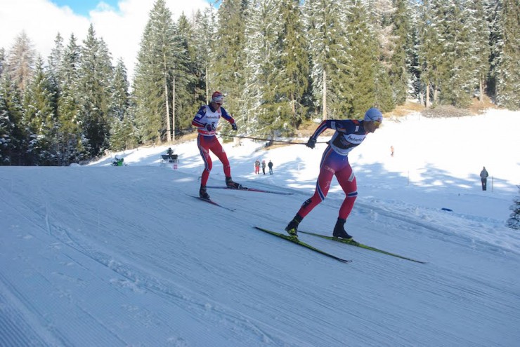 Petter Northug (r) begins his move on Norwegian teammate Didrik Tønseth about 1 1/2 k before the finish of Sunday's 10 k freestyle pursuit at Stage 3 of the Tour de Ski in Lenzerheide, Switzerland. While Northug placed second behind Tour leader Martin Johnsrud Sundby, Tønseth slipped to sixth. 