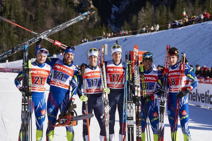The men's freestyle team sprint podium at the World Cup in Planica, Slovenia: with Italian winners Federico Pellegrino and Dietmar Nöckler (c), France I's Renaud Jay and Baptiste Gros (l) in second, and France II's Valentin Chauvin and Richard Jouve (r) in third. Yes, Gros is holding a chainsaw -- a noisemaker borrowed from spectators. (Photo: Fischer/NordicFocus)