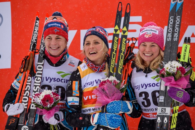 The women's 10 k freestyle podium at the World Cup in Nove Mesto, Czech Republic, with Norwegian winner Therese Johaug, Norway's Astrid Uhrenholdt Jacobsen in second and American Jessie Diggins in third (r). (Photo: Fischer/NordicFocus)