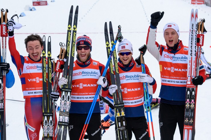 The Norwegian men secured another relay win by 6 seconds over Russia on Sunday at the World Cup in Nove Mesto, Czech Republic. Finn Hågen Krogh (l) anchored the victory, with teammates (from left to right) Martin Johnsrud Sundby, Sjur Røthe, and Mathias Rundgreen. (Photo: Fischer/NordicFocus)