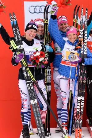 The U.S. women placed a historic second for their best-ever relay finish on Sunday at the World Cup 4 x 5 k in Nove Mesto, Czech Republic. From left to right: Jessie Diggins, Sophie Caldwell, Sadie Bjornsen, and Liz Stephen. (Photo: Fischer/NordicFocus) 