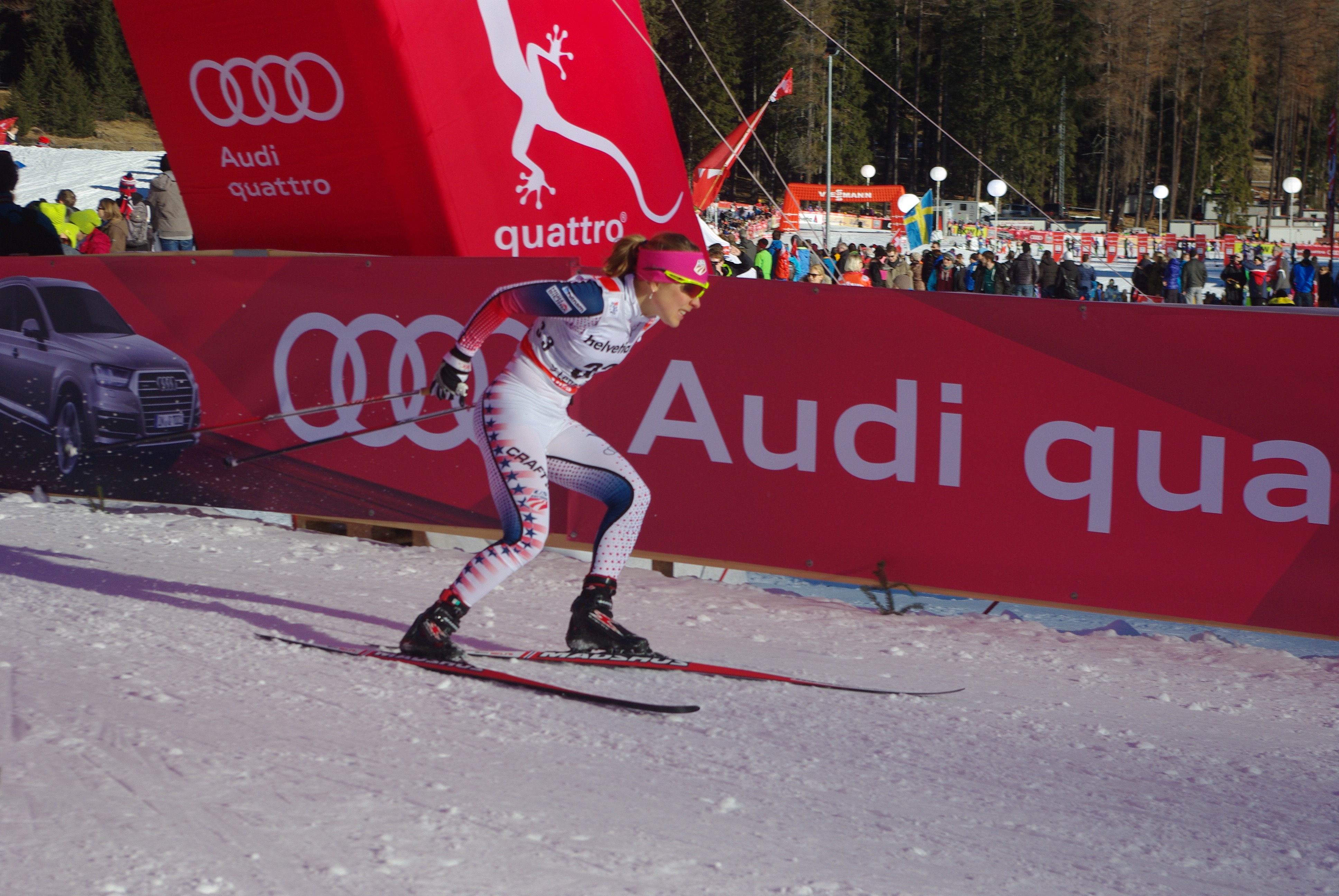 Ida Sargent (USA) racing to 26th in the qualifying round of the World Cup skate sprint in Lenzerheide, Switzerland.