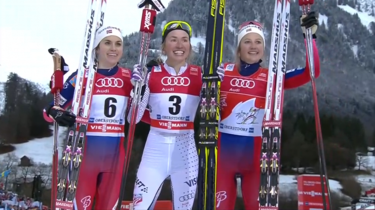 Sophie Caldwell became the second U.S. woman to win a World Cup race on Tuesday at Stage 4 of the Tour de Ski in Obertsdorf, Germany. The U.S. Ski Team member won the classic sprint ahead of Norwegians Heidi Weng (l) and Ingvild Flugstad Østberg (r), the latter of which leads the Tour de Ski standings.
