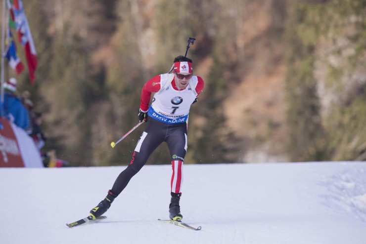 Nathan Smith (Biathlon Canada) racing to sixth for a season best on Saturday in the IBU World Cup 12.5 k pursuit in Ruhpolding, Germany. (Photo: Biathlon Canada/NordicFocus)
