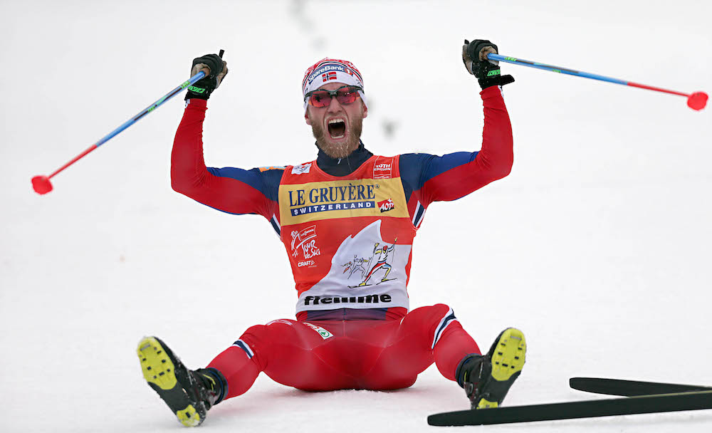 A victorious Martin Johnsrud Sundby of Norway at the top of Alpe Cermis on Sunday after winning his third-consecutive Tour de Ski in Val di Fiemme, Italy. (Photo: Fiemme World Cup)