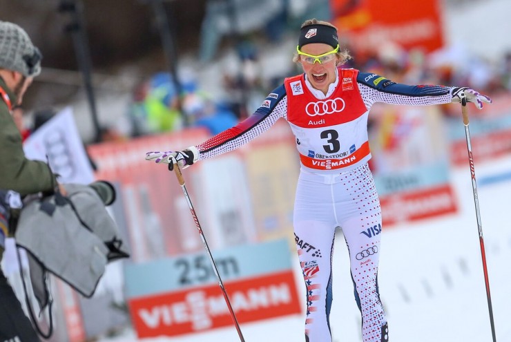 Sophie Caldwell (U.S. Ski Team) after winning the 1.2 k classic sprint final at Stage 4 of the Tour de Ski in Oberstdorf, Germany. (Photo: Marcel Hilger)