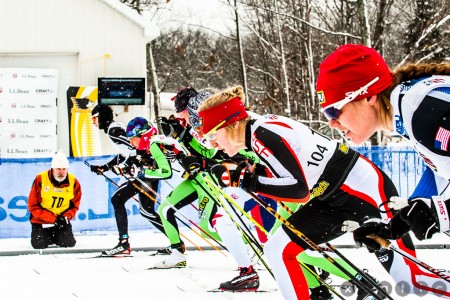 Six women line up for the start of the classic sprint final on the final day of racing at U.S. Nationals in Houghton