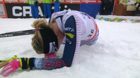 American Jessie Diggins in a "happy pain cave" after her third place finish in the women's 10 k freestyle individual start on Saturday in Nove Mesto, CZE. (Photo: ARD)