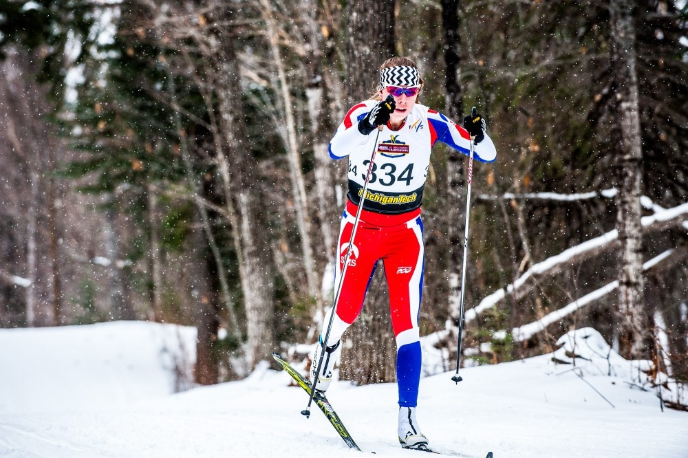 Katharine Ogden of the Stratton Mountain School and U.S. Ski Team races to a fourth place finish overall (+1:05.1) in the women's 15 k classic individual start at U.S. nationals  in Houghton, Mich. (Photo: Christopher Schmidt)