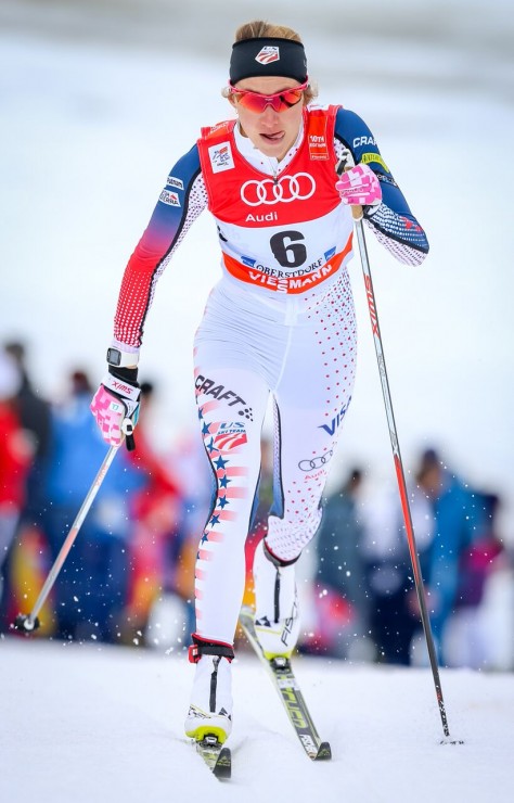 Sophie Caldwell (U.S. Ski Team) racing to third in the 1.2 k classic sprint qualifier at Stage 4 of the Tour de Ski in Oberstdorf, Germany.  She went on to win the final for her first World Cup victory. (Photo: Marcel Hilger)
