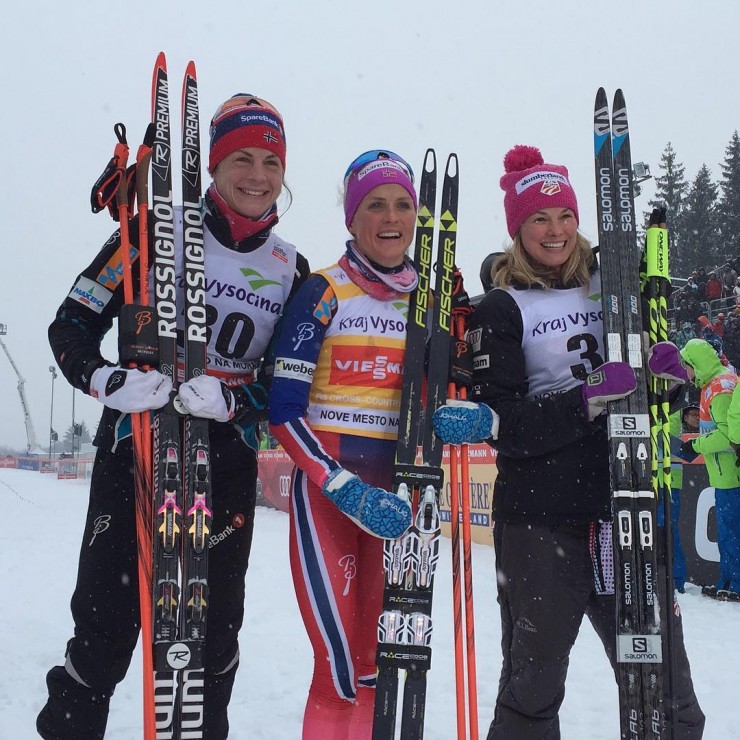 American Jessie Diggins (r) with Norway's Therese Johaug (c) and Astrid Uhrenholdt Jacobsen (l) all smile after placing third, first, and second, respectively, in the women's 10 k freestyle individual start on Saturday in Nove Mesto, Czech Republic. (Photo: FIS/Instagram)