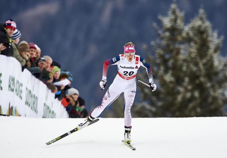 Sadie Bjornsen (U.S. Ski Team) racing to 13th in the 5 k freestyle at Stage 6 of the Tour de Ski in Toblach, Italy. (Photo: Fischer/NordicFocus)