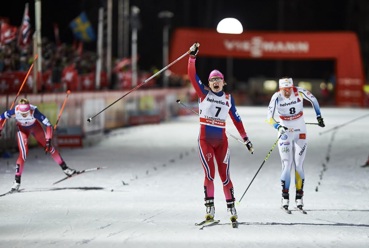 Norway's Maiken Caspersen Falla (7) celebrates her victory in Friday's freestyle sprint, the first stage of the 2016 Tour de Ski, over Sweden's Ida Ingemarsdotter (8) and Norwegian teammate  Ingvild Flugstad Østberg (not shown). Norway's Astrid Uhrenholdt Jacobsen placed fifth after a photo finish with American Sophie Caldwell (not pictured), who took fourth. (Photo: Fischer/NordicFocus)