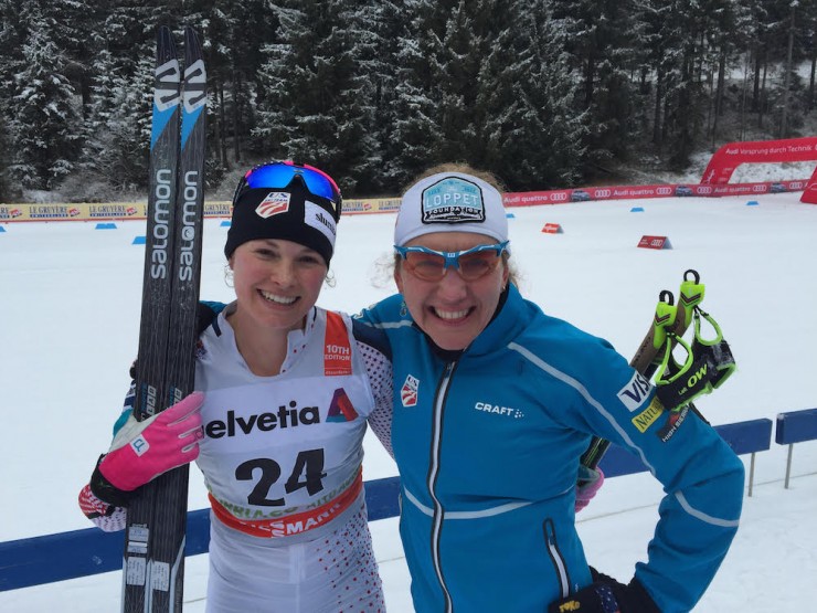 Diggins with fellow U.S. Ski Team member Caitlin Gregg. The two shared the podium at 2015 World Championships in the 10 k freestyle, where Diggins placed second and Gregg was third. (Photo: JoJo Baldus)